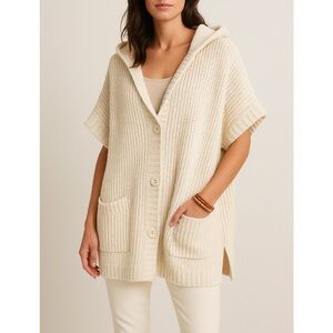 Aerie Hooded Ribbed Knit Cape Cardigan Pockets Cozy Neutral XS/S Cream Fisherman